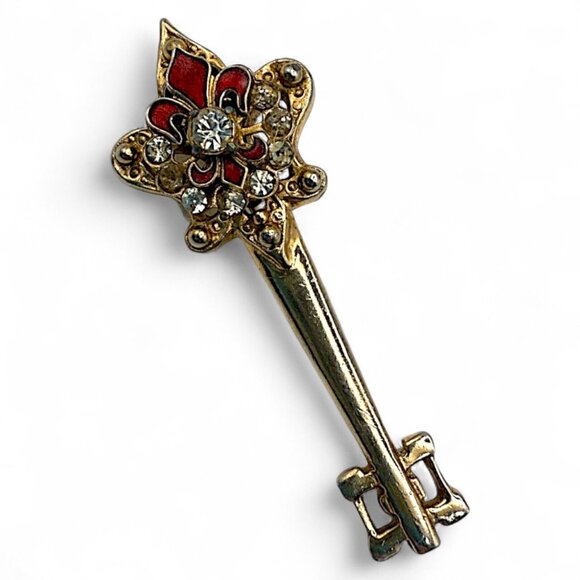 Vintage Ornate Key Brooch Red Enamel Rhinestones 2.5" Victorian Revival - Picture 1 of 3